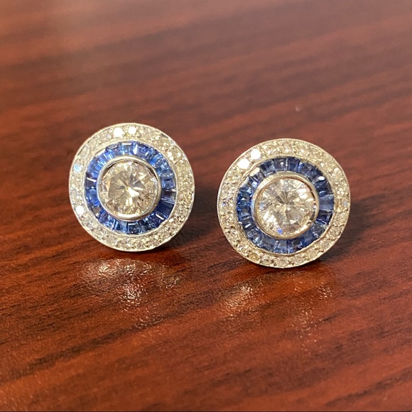 Jewelry - Vintage Platinum 2.70ctw Diamond & Sapphire Halo Earrings